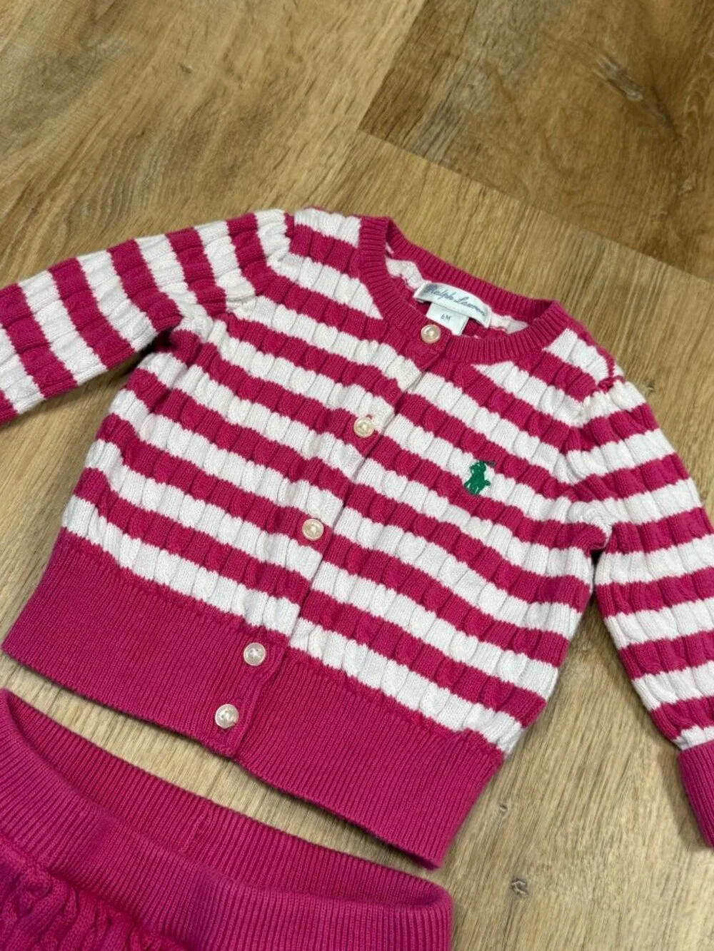 Ralph Lauren Baby Girls Pink & White Cable Knit Cardigan And Pants Set 6M
